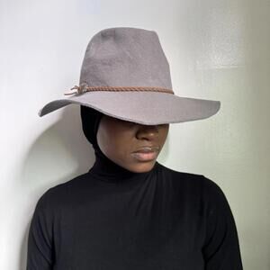 Vintage grey wide-brim hat with braided brown cord detail